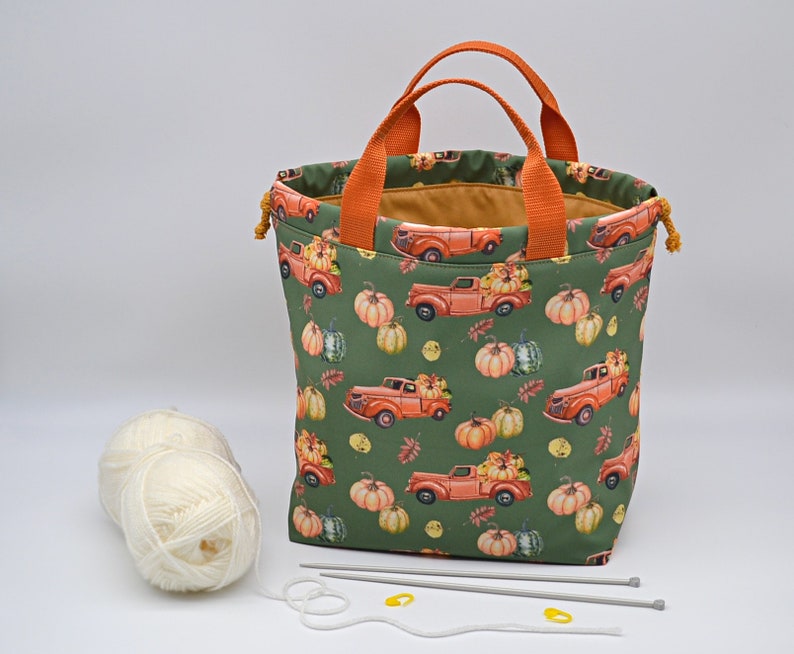 Pumpkins tote knitting bag Fall project bag Crochet drawstring bag with many pockets inside Knit on the go Sac à projet Water resistant bag image 5