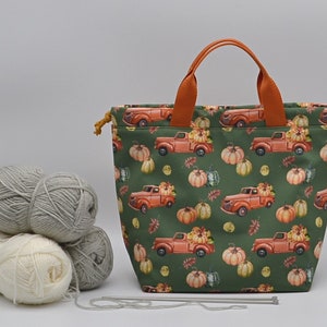 Pumpkins tote knitting bag Fall project bag Crochet drawstring bag with many pockets inside Knit on the go Sac à projet Water resistant bag image 6