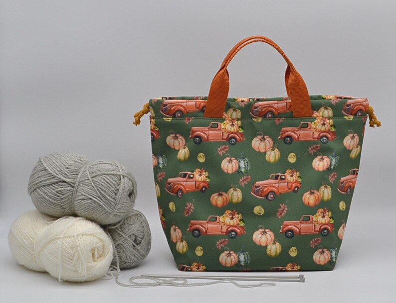 Pumpkins tote knitting bag Fall project bag Crochet drawstring bag with many pockets inside Knit on the go Sac à projet Water resistant bag image 6