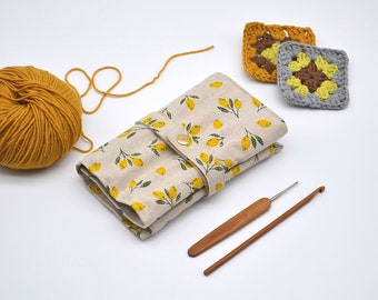 Lemon print Crochet hook roll up 14 Pockets for crochet hooks 6" Organizer with zipper notion pouch Hook case Daisy print Crocheters gift