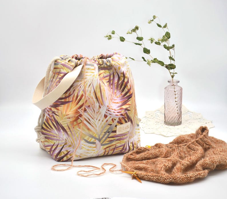 Large drawstring project bag for knitting or crochet Yarn organizer Knitters gift Sweater bag Knitting storage Strick Projekt Tasche image 11