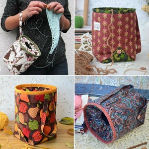 May include: Four different fabric yarn storage baskets. The baskets are made of fabric with various patterns, including floral, paisley, and fruit. Each basket has a handle and a drawstring closure.