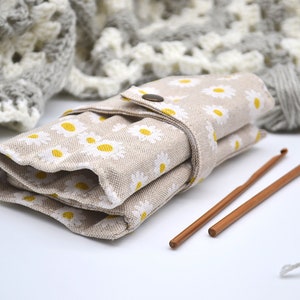 Chamomile Crochet hook roll up 13 Pockets for crochet hooks 6 Organizer with zipper notion pouch Hook case Daisy print Crocheters gift image 7