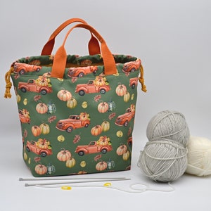 Pumpkins tote knitting bag Fall project bag Crochet drawstring bag with many pockets inside Knit on the go Sac à projet Water resistant bag image 1