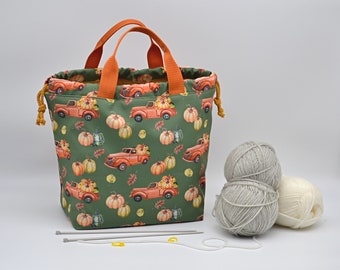 Pumpkins tote knitting bag Fall project bag Crochet drawstring bag with many pockets inside Knit on the go Sac à projet Water resistant bag