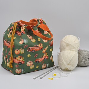 Pumpkins tote knitting bag Fall project bag Crochet drawstring bag with many pockets inside Knit on the go Sac à projet Water resistant bag image 2