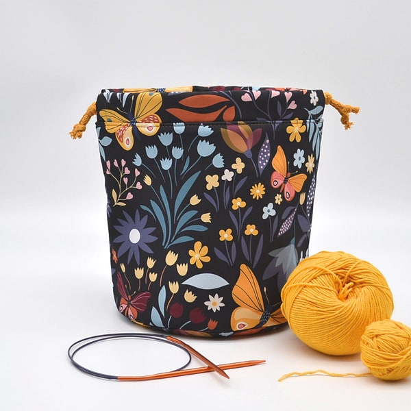 Butterfly Project bucket bag Knitting travel bag Waterproof Drawstring project bag Crochet tote Knit on the go Sac a tricot