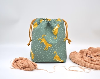 Knitting project bag drawstring Strick Projekt Tasche Knit on the go yarn bag Sac à projet Strikketaske Leopard