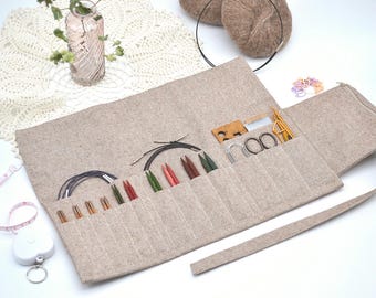 Organizzatore minimalista per ferri da maglia, custodia per ferri circolari, porta-aghi intercambiabile, articoli per maglieria, regalo per magliai, marrone ecologico