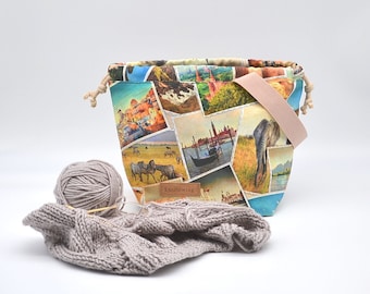 Bolsa de projeto de tricô e crochê Projekttasche Knitters gift Knit on the go Sac a tricot Work in progress Bolsa com cordão