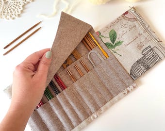Estuche para agujas de tejer intercambiables con estampado de estilo retro y bolsillo con cremallera. Regalo para tejedores. Almacenamiento de agujas. Estuche para ganchos de ganchillo.