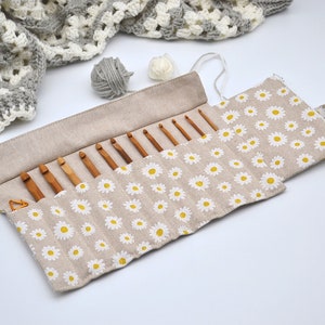 Chamomile Crochet hook roll up 13 Pockets for crochet hooks 6 Organizer with zipper notion pouch Hook case Daisy print Crocheters gift image 4