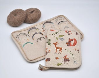 Zippered fixed circular needles case Needle organizer Stricknadel tasche etui  Knitters gift Needles storage Forest animals Fox Owl Deer