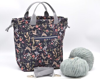 Waterproof project bag Large drawstring bag Knitting Crochet Craft travel storage Woodland print