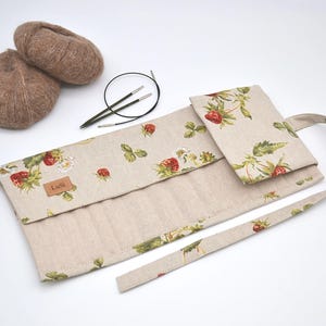 Strawberry Knitting needle organizer with zippered pocket Knitting notions storage Interchangeable & Circular knitting needles