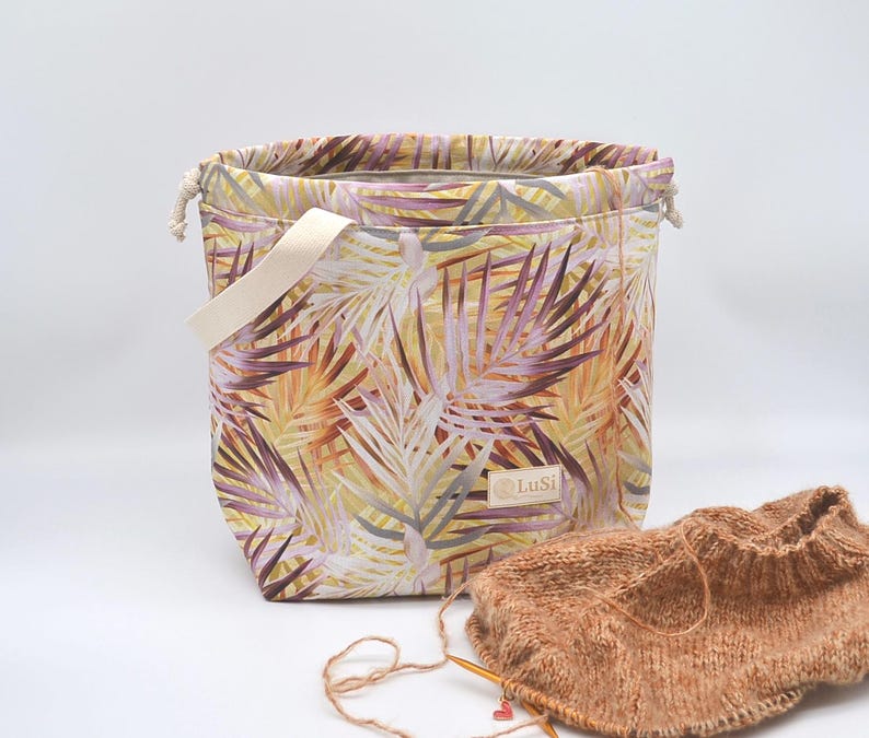Large drawstring project bag for knitting or crochet Yarn organizer Knitters gift Sweater bag Knitting storage Strick Projekt Tasche image 9