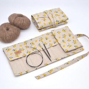 レモン柄 交換可能な編み針オーガナイザー 輪針ケース 編み物用品収納 編み物愛好家へのギフト ナチュラル エコスタイル