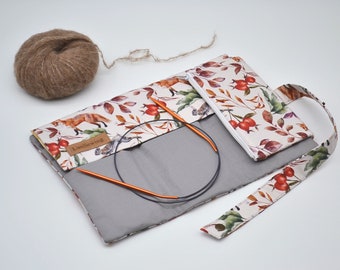 Fox Rabbit Rose hip print organizer Circular knitting needle case with zipper pocket Knitters gift Needles storage