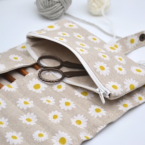 Chamomile Crochet hook roll up 13 Pockets for crochet hooks 6 Organizer with zipper notion pouch Hook case Daisy print Crocheters gift image 5