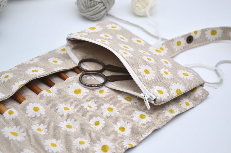 Chamomile Crochet hook roll up 13 Pockets for crochet hooks 6 Organizer with zipper notion pouch Hook case Daisy print Crocheters gift image 5