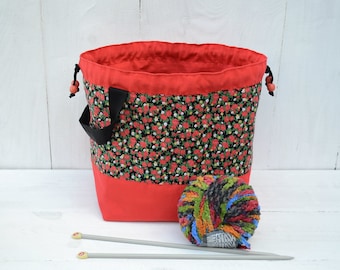 Red drawstring bag Knitting & crochet project bag Bag to knit on the go Yarn bowl Knitters gift