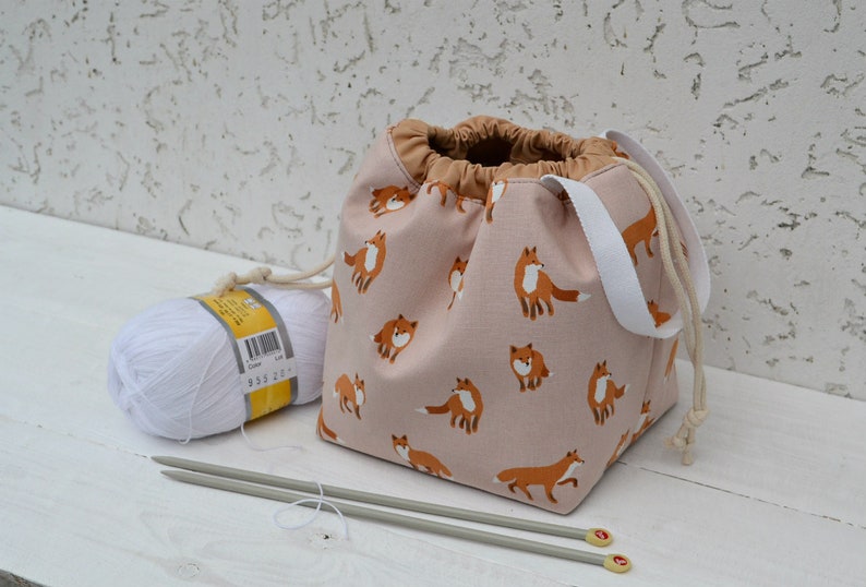 Fox Divided drawstring project bag for knitting with zipper pocket Compartment ball sack Yarn bowl Gift for Mom Travel crochet tote
