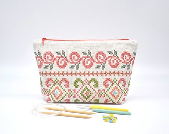 Folk zipper notion pouch Travel supply storage Craft accessory organizer Make up bag Zip wedge bag Ukrainian ethnic ornament