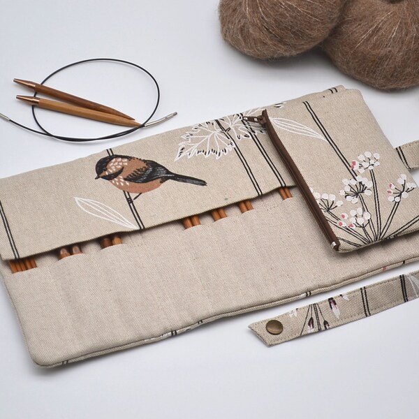 Bird Interchangeable Knitting needle organizer with zippered pocket Knitting notions storage Gift for knitter
