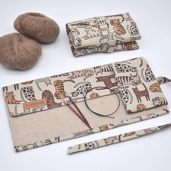 Interchangeable Knitting needle organizer Zipper pocket Knitting notions case Gift for knitter Interchangeable needle set storage Cat print