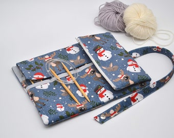 Christmas Circular knitting needle case with zipper pocket Christmas gift for knitter Needles storage