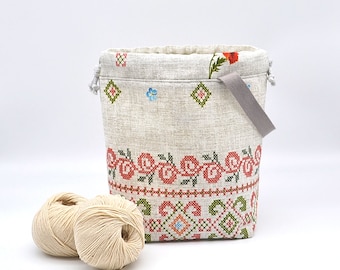 Folk design drawstring project bag for knitting or crochet Knitters gift Knitting storage Medium bag Ukrainian ethnic ornament