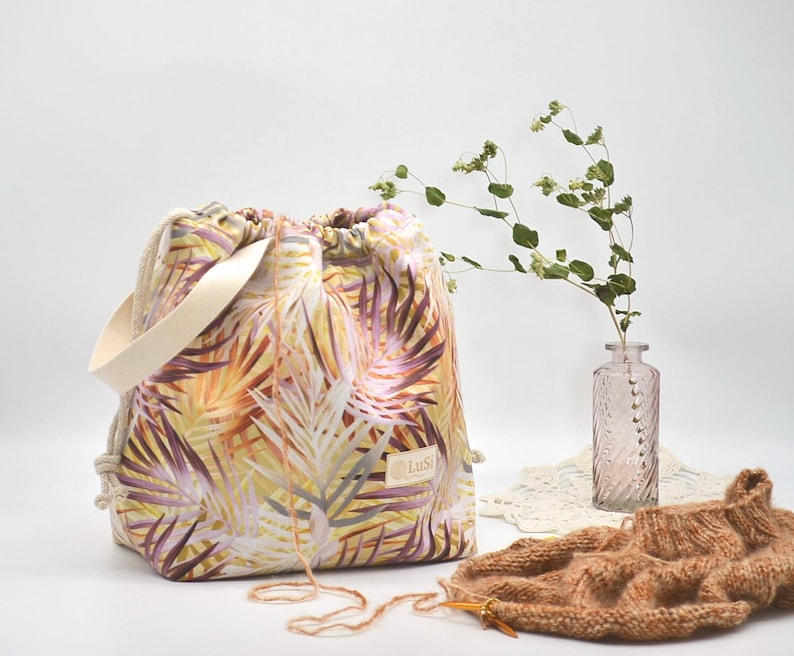 Large drawstring project bag for knitting or crochet Yarn organizer Knitters gift Sweater bag Knitting storage Strick Projekt Tasche image 1