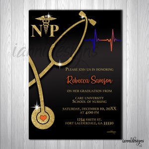 Nursing Graduation Invitation. Nurse Practitioner. FNP, Aprn, Arnp, PNP, Whnp, AGACNP, np Licensed. Gold & Red,  white