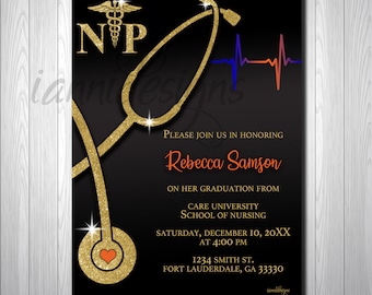 Nursing Graduation Invitation. Nurse Practitioner. FNP, Aprn, Arnp, PNP, Whnp, AGACNP, np Licensed. Gold & Red,  white