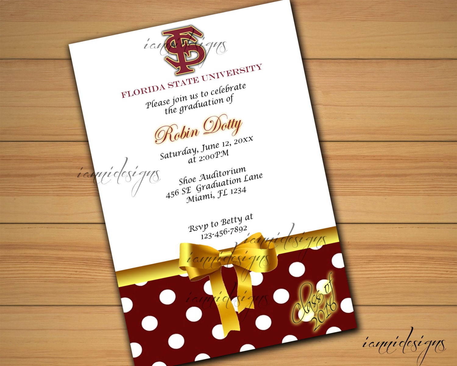 Florida State University FSU Graduation Invitation Polka Dot Etsy