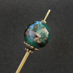 Minimalist hairpin, tama kanzashi with green ceramic bead, thin long needle