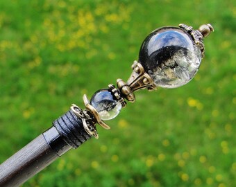 Wooden hair stick with white black crackle glass beads - long japanese hair pin wood kanzashi, hair ornament, chopstick decoration headpiece