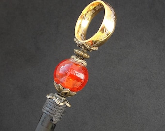 Wooden hair stick with golden magical ring, medium length