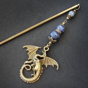 Wyvern hair stick, dragon updo ornament, purple vein agate, fantasy bun garnish