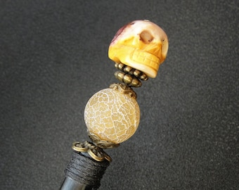 Wooden hair stick with mookaite skull, matte agate stone, halloween hairpiece