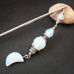 White opal hairpin, dangling moon charm, slim silver baton