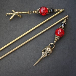 Raven hair sticks, metal bird skull and claws hairpins, single or pair