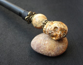 Wooden hair stick with carved ocean jasper skull, halloween beaded updo ornament