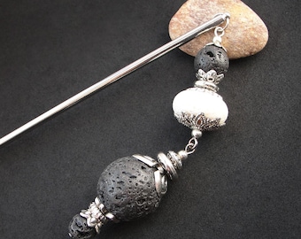 Hair stick with black lava and white coral, silver metal color