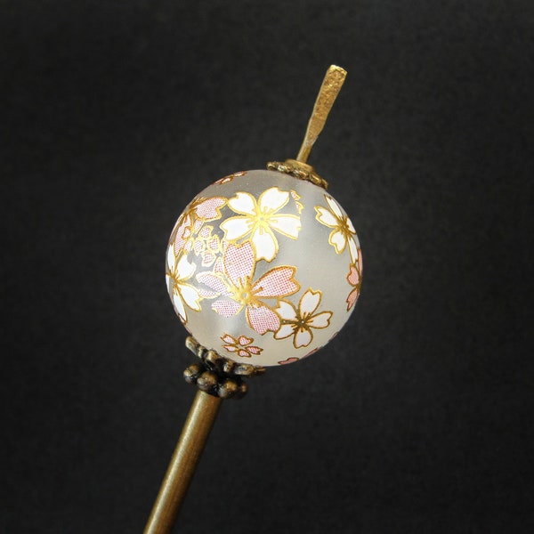 Sakura tama kanzashi, white tensha hairpin, long hair needle in bronze color, 5.5" usable length