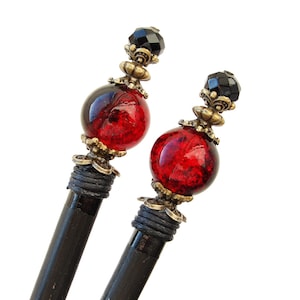 Kanzashi Hair Sticks: Rotes Craquelé Glas & Kristall Japanische Haarnadeln (2er-Set)