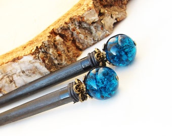 Set of wooden hair sticks, blue black beads, short bun decoration