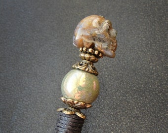 Wooden hair baton with succor creek jasper skull, black thick stick