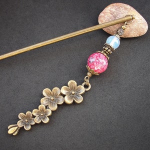 Sakura flowers hair stick, pink and white, bronze metal color