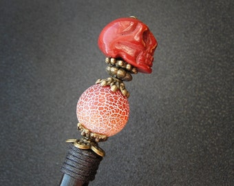 Wooden hair stick with red mookaite skull, matte agate stone, halloween hairpiece